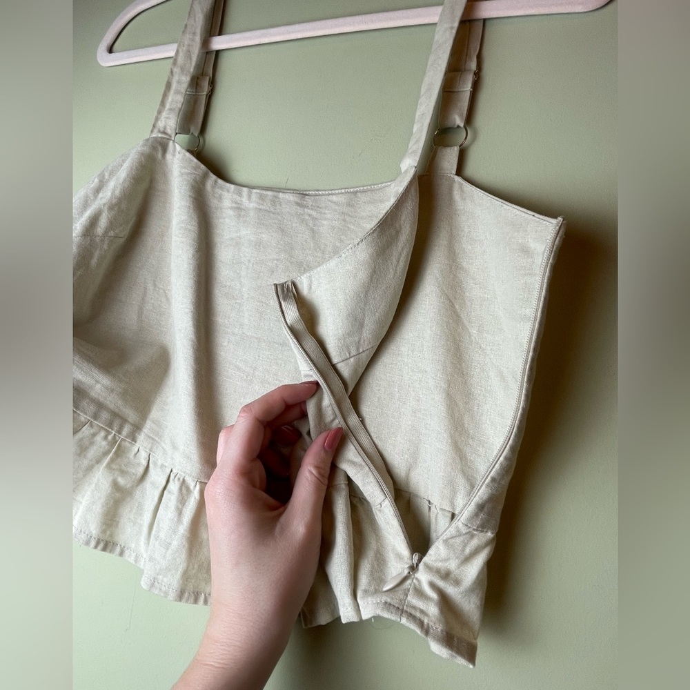 Linen Tank Ruffle Tan Beige Zip Up Side Adjustable Strap - Picture 5 of 8